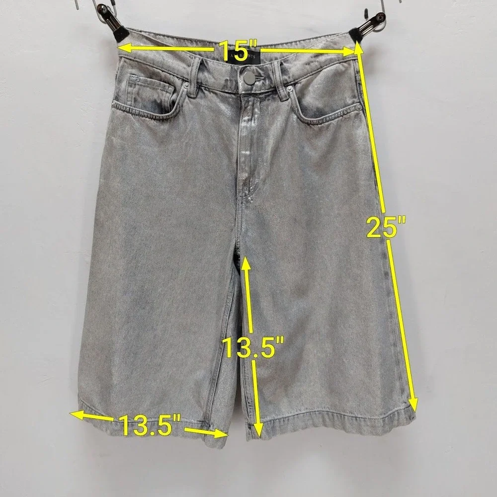 AllSaints Louie Long Shorts Women's 26 Silver Metallic Foil Denim Bermuda Street